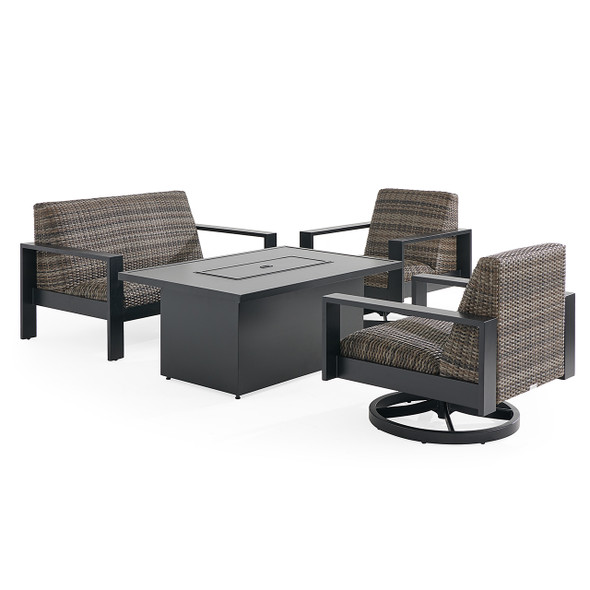 Chelsea Textured Black Aluminum and Weathered Teak Outdoor Wicker Concealed Cushions 4 Piece Swivel Loveseat Group + 52 x 32 in. Fire Pit Table Chelsea Textured Black Aluminum and Weathered Teak Outdoor Wicker Concealed Cushions 4 Piece Swivel Loveseat Group + 52 x 32 in. Fire Pit Table