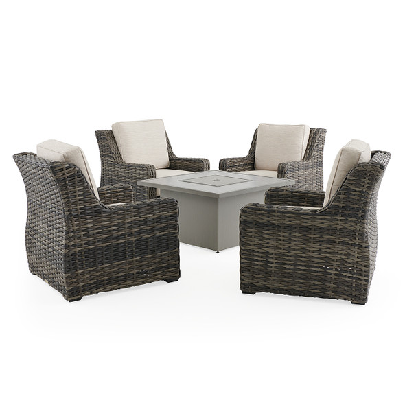 Tangiers Canola Seed Outdoor Wicker and Charmer Limestone Cushions 5 Piece Chat Set + 42 in. Sq. Fire Pit Table Tangiers Canola Seed Outdoor Wicker and Charmer Limestone Cushions 5 Piece Chat Set + 42 in. Sq. Fire Pit Table