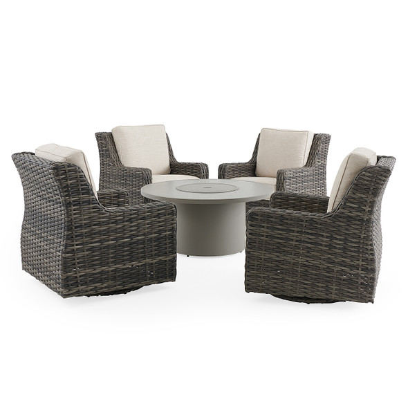Tangiers Canola Seed Outdoor Wicker and Charmer Limestone Cushions 5 Piece Swivel Chat Set + 48 in. D Fire Pit Table Tangiers Canola Seed Outdoor Wicker and Charmer Limestone Cushions 5 Piece Swivel Chat Set + 48 in. D Fire Pit Table