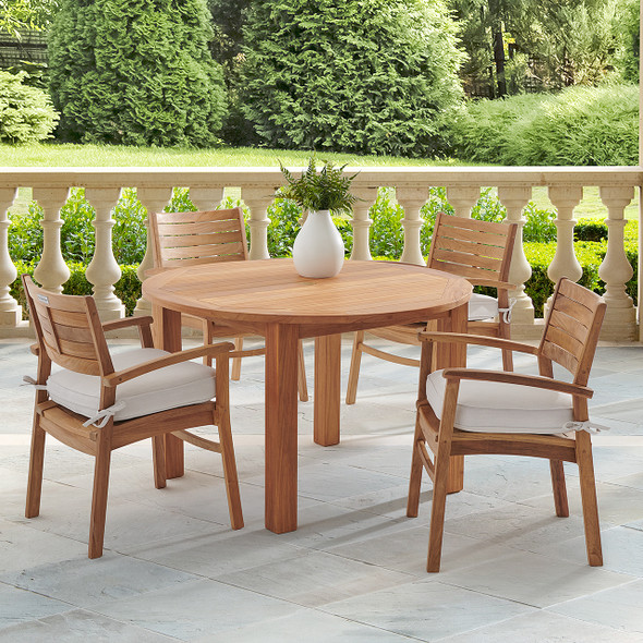 Warwick Teak with Cushions 5 Piece Dining Set + Oxford 48 in. D Table