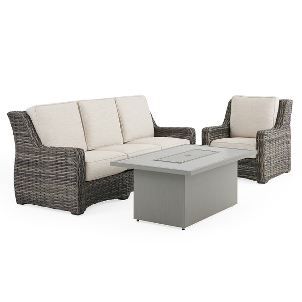 Tangiers Canola Seed Outdoor Wicker and Charmer Limestone Cushions 3 Piece Sofa Group + 52 x 32 in. Fire Pit Table Tangiers Canola Seed Outdoor Wicker and Charmer Limestone Cushions 3 Piece Sofa Group + 52 x 32 in. Fire Pit Table