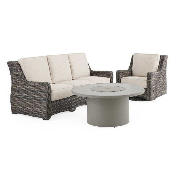 Tangiers Canola Seed Outdoor Wicker and Charmer Limestone Cushions 3 Piece Swivel Sofa Group + 48 in. D Fire Pit Table Tangiers Canola Seed Outdoor Wicker and Charmer Limestone Cushions 3 Piece Swivel Sofa Group + 48 in. D Fire Pit Table