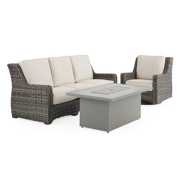 Tangiers Canola Seed Outdoor Wicker and Charmer Limestone Cushions 3 Piece Swivel Sofa Group + 52 x 32 in. Fire Pit Table Tangiers Canola Seed Outdoor Wicker and Charmer Limestone Cushions 3 Piece Swivel Sofa Group + 52 x 32 in. Fire Pit Table