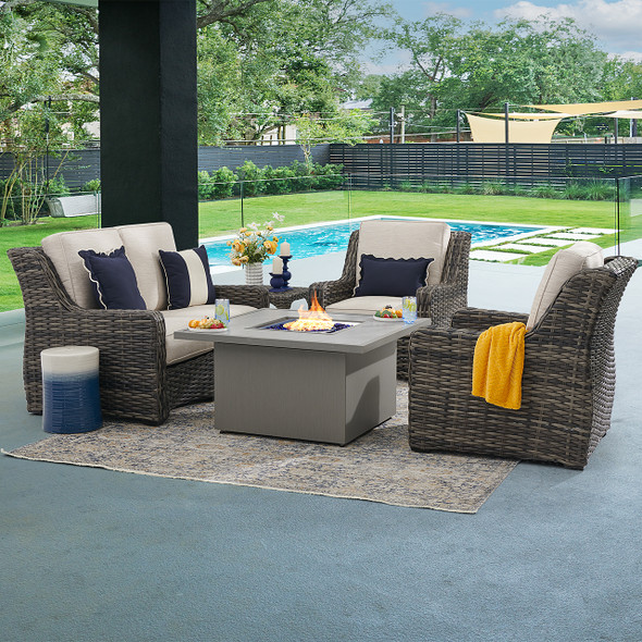 Tangiers Canola Seed Outdoor Wicker and Charmer Limestone Cushions 4 Piece Loveseat Group + 42 in. Sq. Fire Pit Table Tangiers Canola Seed Outdoor Wicker and Charmer Limestone Cushions 4 Piece Loveseat Group + 42 in. Sq. Fire Pit Table