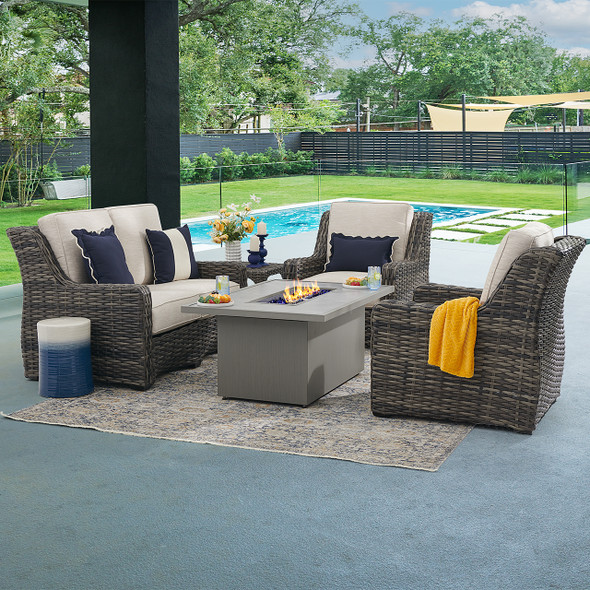 Tangiers Canola Seed Outdoor Wicker and Charmer Limestone Cushions 4 Piece Loveseat Group + 52 x 32 in. Fire Pit Table Tangiers Canola Seed Outdoor Wicker and Charmer Limestone Cushions 4 Piece Loveseat Group + 52 x 32 in. Fire Pit Table