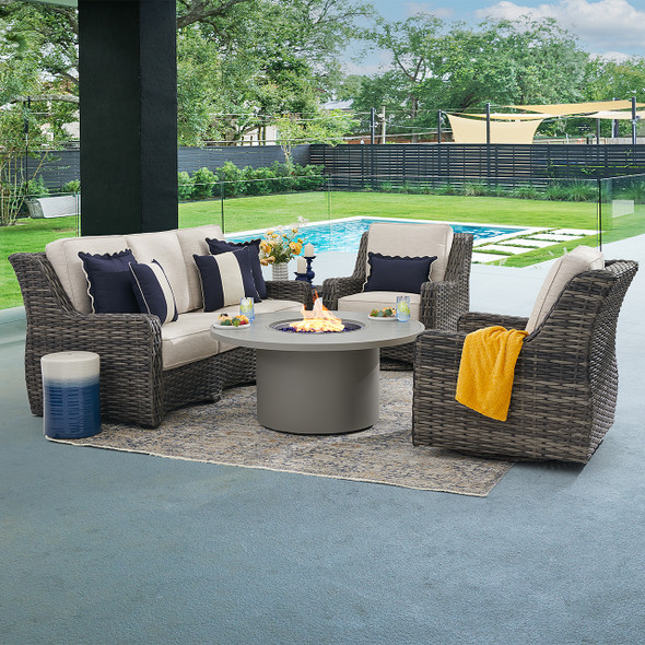 Tangiers Canola Seed Outdoor Wicker and Charmer Limestone Cushions 4 Piece Swivel Sofa Group + 48 in. D Fire Pit Table Tangiers Canola Seed Outdoor Wicker and Charmer Limestone Cushions 4 Piece Swivel Sofa Group + 48 in. D Fire Pit Table