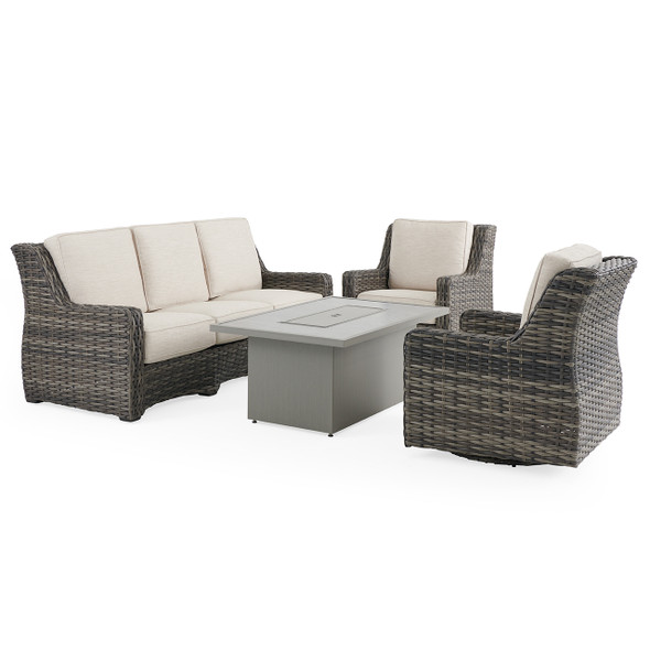 Tangiers Canola Seed Outdoor Wicker and Charmer Limestone Cushions 4 Piece Swivel Sofa Group + 52 x 32 in. Fire Pit Table Tangiers Canola Seed Outdoor Wicker and Charmer Limestone Cushions 4 Piece Swivel Sofa Group + 52 x 32 in. Fire Pit Table