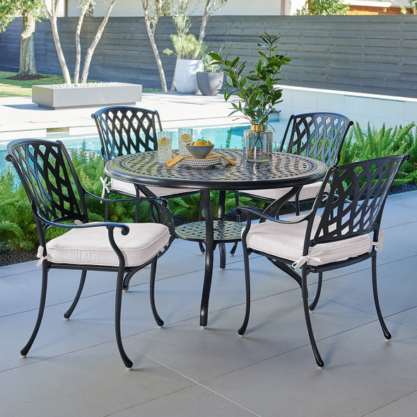 Tivoli Matte Black Cast Aluminum with Cushions 5 Piece Dining Set + 48 in. D Table Tivoli Matte Black Cast Aluminum with Cushions 5 Piece Dining Set + 48 in. D Table