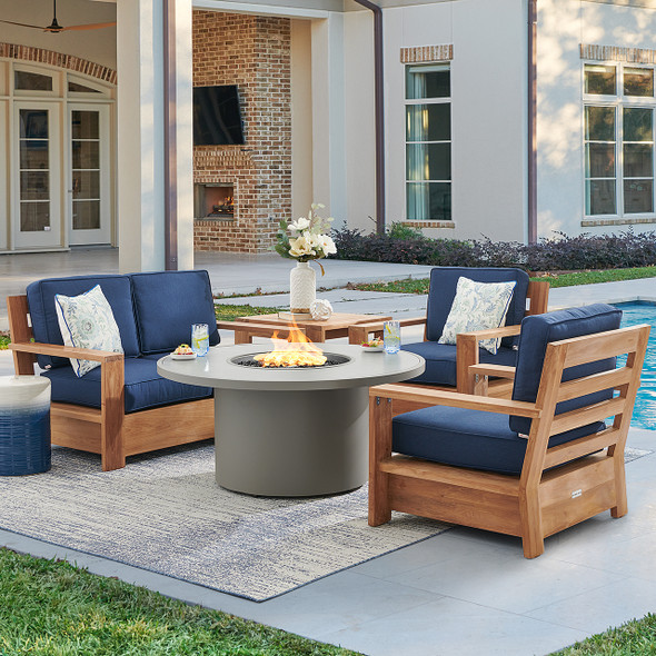 Castello Teak with Cushions 4 Piece Loveseat Group + 48 in. D Sintered Fire Pit