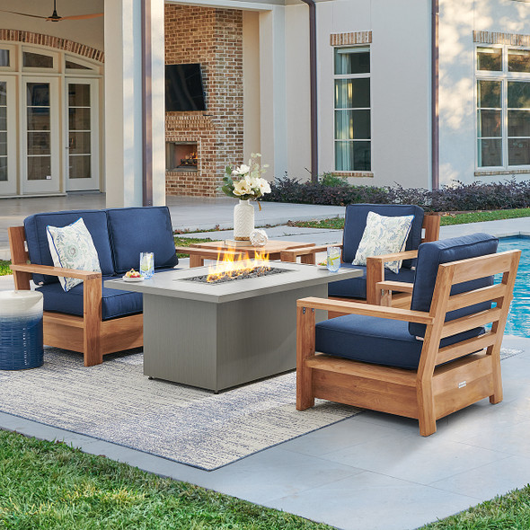 Castello Teak with Cushions 4 Piece Loveseat Group + 52 x 32 in. Sintered Fire Pit