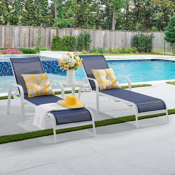 Malibu White Aluminum with Navy Sling 2 Piece Chaise Lounge Set + 20 in. D End Table Malibu White Aluminum with Navy Sling 2 Piece Chaise Lounge Set + 20 in. D End Table