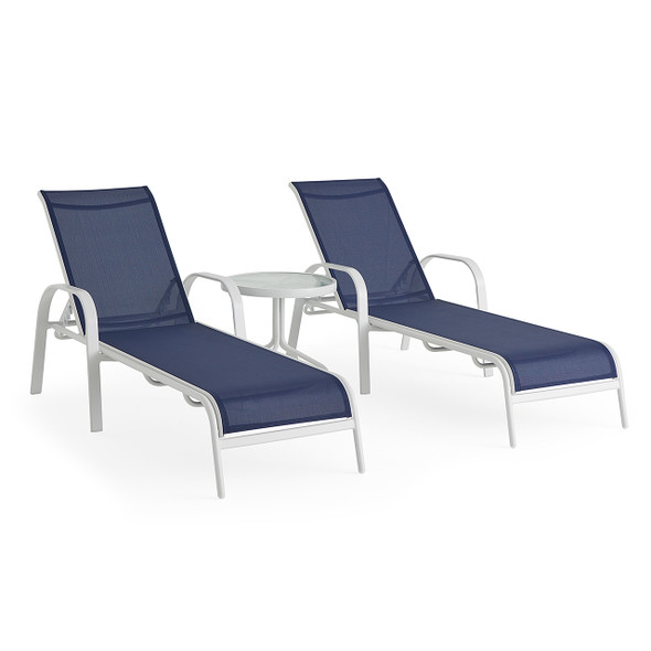 Malibu White Aluminum with Navy Sling 2 Piece Chaise Lounge Set + 20 in. D End Table Malibu White Aluminum with Navy Sling 2 Piece Chaise Lounge Set + 20 in. D End Table