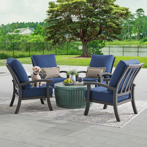 Fairmont Aged Bronze Aluminum with Cushions 5 Piece Chat Set + Sea Glass 36 in. D Fluted Coffee Table Fairmont Aged Bronze Aluminum with Cushions 5 Piece Chat Set + Sea Glass 36 in. D Fluted Coffee Table