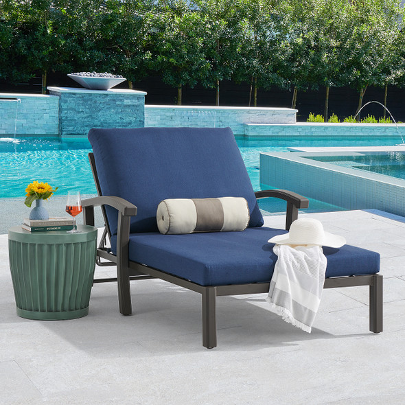 Fairmont Aged Bronze Aluminum with Cushions 2 Piece Double Chaise Lounge Set + Sea Glass 20 in. D Fluted Side Table Fairmont Aged Bronze Aluminum with Cushions 2 Piece Double Chaise Lounge Set + Sea Glass 20 in. D Fluted Side Table