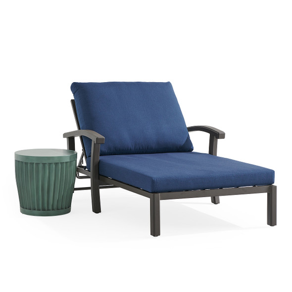 Fairmont Aged Bronze Aluminum with Cushions 2 Piece Double Chaise Lounge Set + Sea Glass 20 in. D Fluted Side Table Fairmont Aged Bronze Aluminum with Cushions 2 Piece Double Chaise Lounge Set + Sea Glass 20 in. D Fluted Side Table