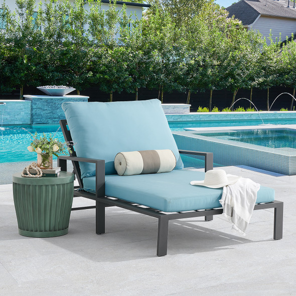 Montecito Charcoal Aluminum with Cushions 2 Piece Double Chaise Lounge Set + Sea Glass 20 in. D Fluted Side Table Montecito Charcoal Aluminum with Cushions 2 Piece Double Chaise Lounge Set + Sea Glass 20 in. D Fluted Side Table