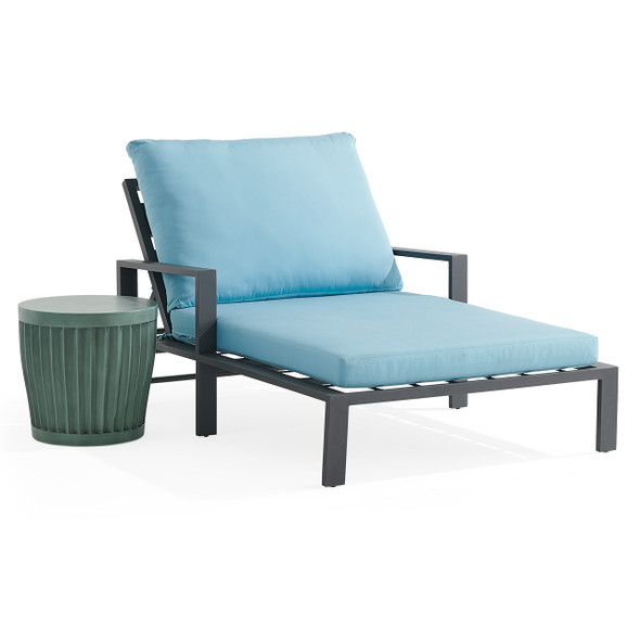 Montecito Charcoal Aluminum with Cushions 2 Piece Double Chaise Lounge Set + Sea Glass 20 in. D Fluted Side Table Montecito Charcoal Aluminum with Cushions 2 Piece Double Chaise Lounge Set + Sea Glass 20 in. D Fluted Side Table