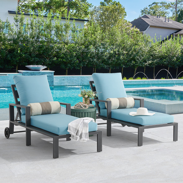 Montecito Charcoal Aluminum with Cushions 3 Piece Chaise Lounge Set + Sea Glass 20 in. D Fluted Side Table Montecito Charcoal Aluminum with Cushions 3 Piece Chaise Lounge Set + Sea Glass 20 in. D Fluted Side Table