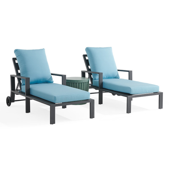 Montecito Charcoal Aluminum with Cushions 3 Piece Chaise Lounge Set + Sea Glass 20 in. D Fluted Side Table Montecito Charcoal Aluminum with Cushions 3 Piece Chaise Lounge Set + Sea Glass 20 in. D Fluted Side Table