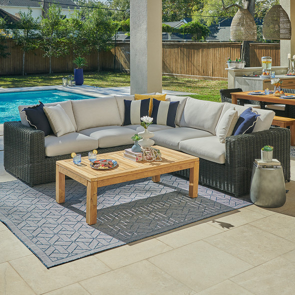Laguna Smoke Outdoor Wicker and Solid Teak with Cast Pumice Cushions 4 Piece Sectional + 55 X 31 in. Coffee Table Laguna Smoke Outdoor Wicker and Solid Teak with Cast Pumice Cushions 4 Piece Sectional + 55 X 31 in. Coffee Table
