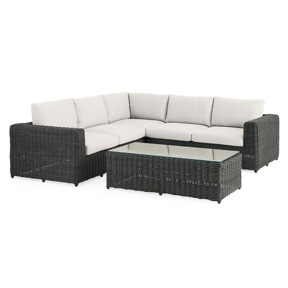 Laguna Smoke Outdoor Wicker with Cast Pumice Cushions 4 Piece Sectional + 56 x 29 in. Coffee Table Laguna Smoke Outdoor Wicker with Cast Pumice Cushions 4 Piece Sectional + 56 x 29 in. Coffee Table