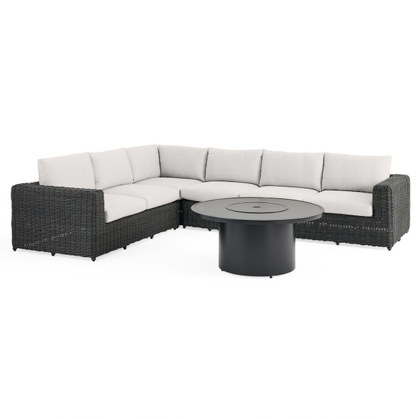Laguna Smoke Outdoor Wicker with Cast Pumice Cushions 5 Piece Sectional + 48 in. D Fire Pit Table Laguna Smoke Outdoor Wicker with Cast Pumice Cushions 5 Piece Sectional + 48 in. D Fire Pit Table