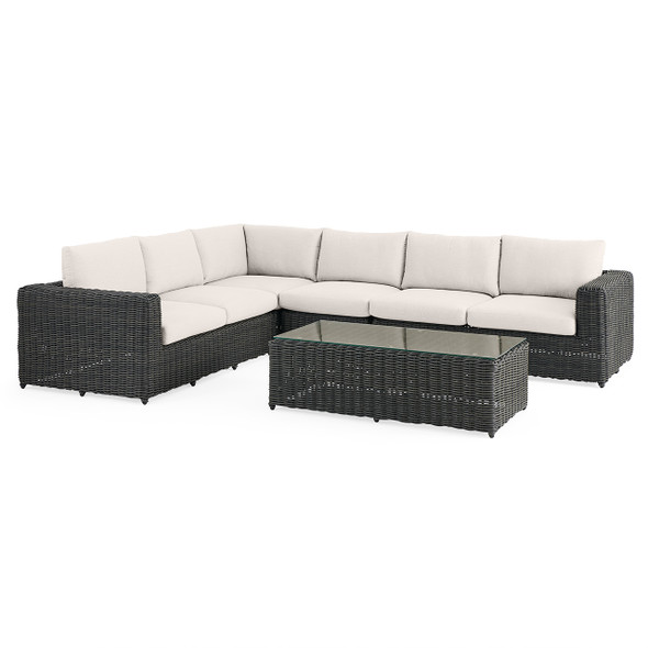 Laguna Smoke Outdoor Wicker with Cast Pumice Cushions 5 Piece Sectional + 56 x 29 in. Coffee Table