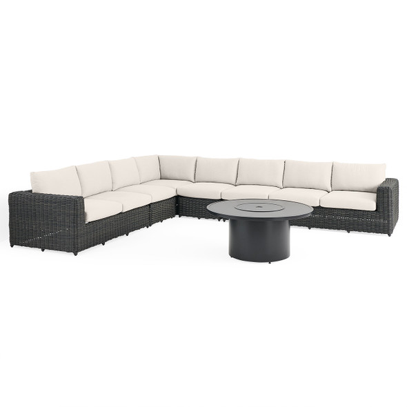 Laguna Smoke Outdoor Wicker with Cast Pumice Cushions 7 Piece Sectional + 48 in. D Fire Pit Table