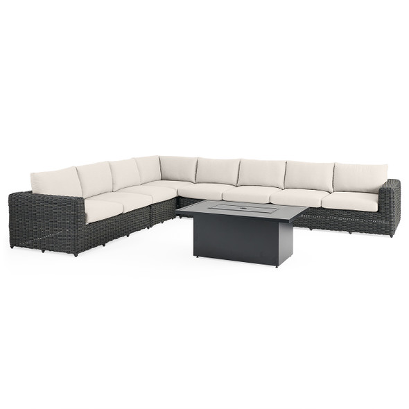Laguna Smoke Outdoor Wicker with Cast Pumice Cushions 7 Piece Sectional + 55 x 32 in. D Fire Pit Table Laguna Smoke Outdoor Wicker with Cast Pumice Cushions 7 Piece Sectional + 55 x 32 in. D Fire Pit Table