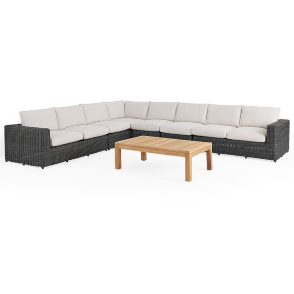Laguna Smoke Outdoor Wicker and Solid Teak with Cast Pumice Cushions 7 Piece Sectional + 55 X 31 in. Coffee Table