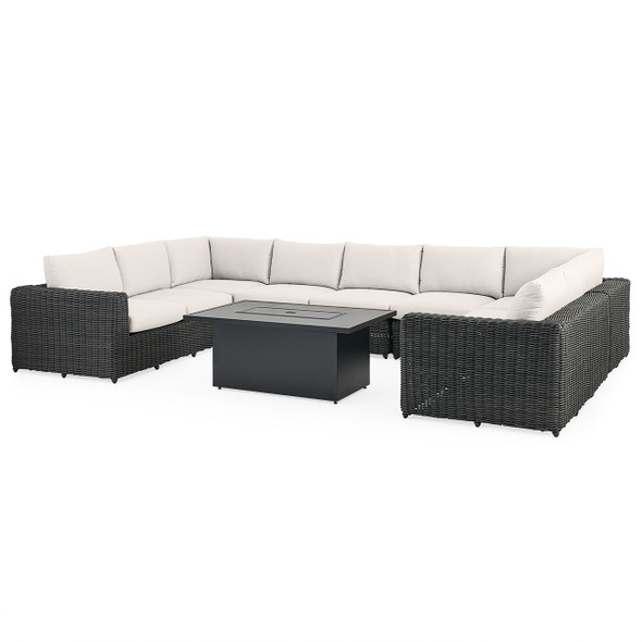 Laguna Smoke Outdoor Wicker with Cast Pumice Cushions 8 Piece Sectional + 52 x 32 in. D Fire Pit Table