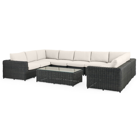 Laguna Smoke Outdoor Wicker with Cast Pumice Cushions 8 Piece Sectional + 56 x 29 in. Coffee Table Laguna Smoke Outdoor Wicker with Cast Pumice Cushions 8 Piece Sectional + 56 x 29 in. Coffee Table