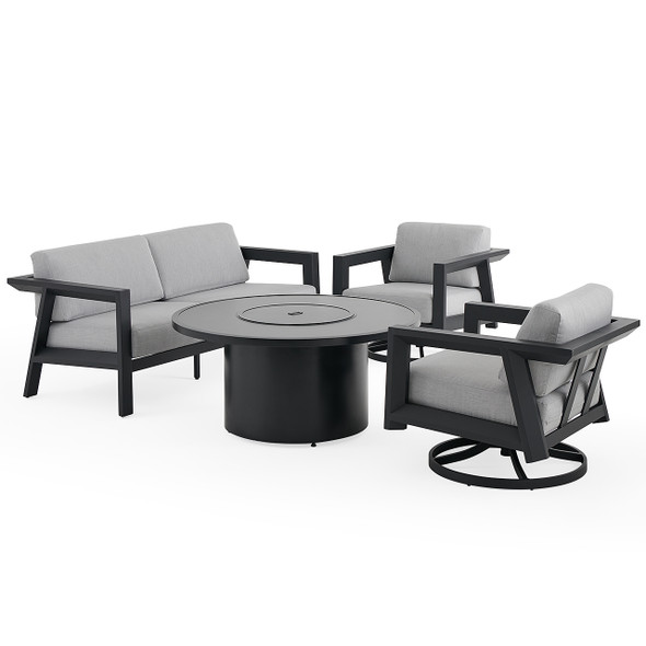St. Lucia Midnight Aluminum with Canvas Granite Cushions 4 Piece Swivel Sofa Group + 48 in. D Fire Pit Table St. Lucia Midnight Aluminum with Canvas Granite Cushions 4 Piece Swivel Sofa Group + 48 in. D Fire Pit Table
