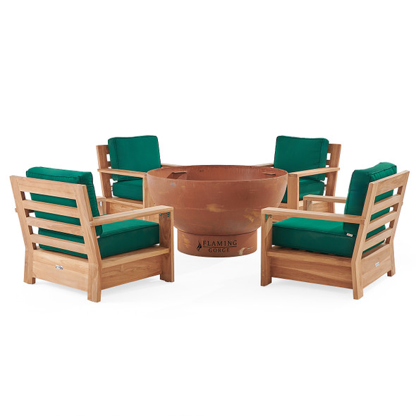 In-Store Only - Castello Teak with Cushions 5 Piece Chat Set + 48 in. Flaming Gorge Carbon Steel Fire Pit