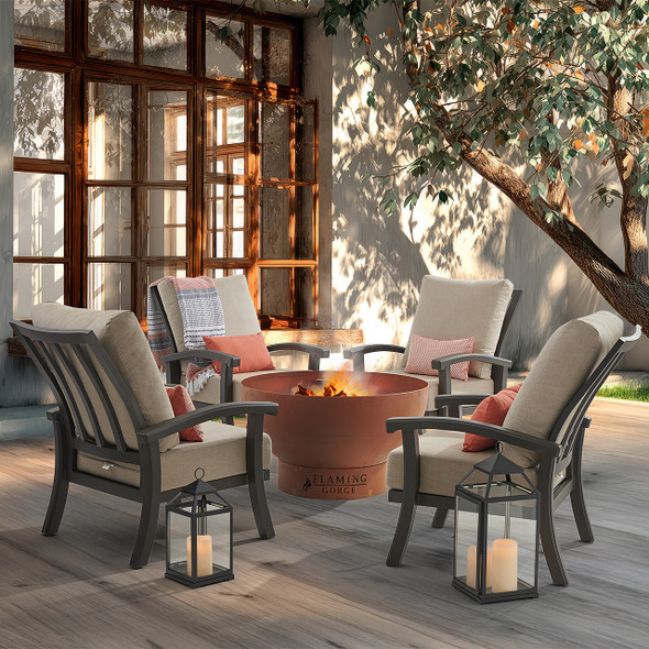 In-Store Only - Fairmont Aged Bronze Aluminum with Cushions 5 Piece Chat Set + 40 in. D Corten Steel Fire Pit