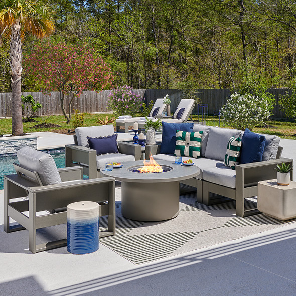 Montauk Slate Grey Polymer with Cushions 6 Piece Modular Sofa Group + 48 in. D Fire Pit Table Montauk Slate Grey Polymer with Cushions 6 Piece Modular Sofa Group + 48 in. D Fire Pit Table
