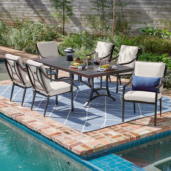 Hill Country Aged Bronze Aluminum with Cast Pumice Cushions 7 Piece Dining Set + 84 x 42 in. Table -