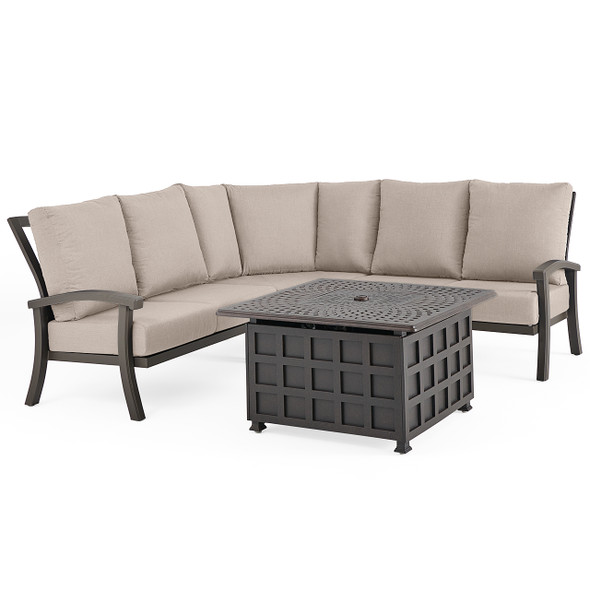 Fairmont Aged Bronze Aluminum with Cast Ash Cushions 4 Piece Sectional + 42 in. Sq. Carlisle Fire Pit