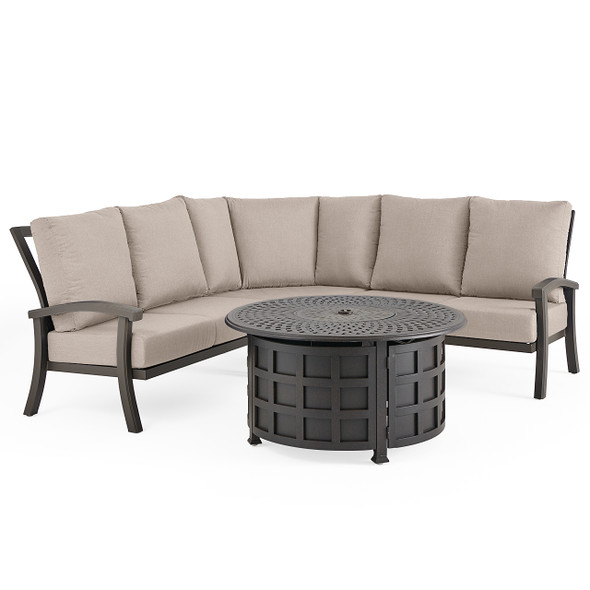 Fairmont Aged Bronze Aluminum with Cast Ash Cushions 4 Piece Sectional + 48 in. D Carlisle Fire Pit