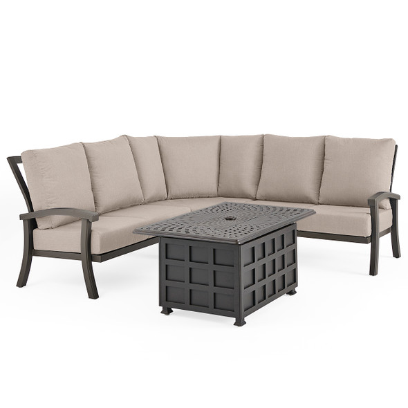Fairmont Aged Bronze Aluminum with Cast Ash Cushions 4 Piece Sectional + 52 x 32 in. Carlisle Fire Pit