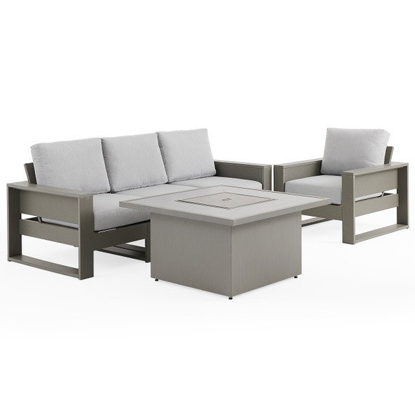 Montauk Slate Grey Polymer with Cushions 5 Piece Modular Sofa Group + 42 in. Sq. Fire Pit Table