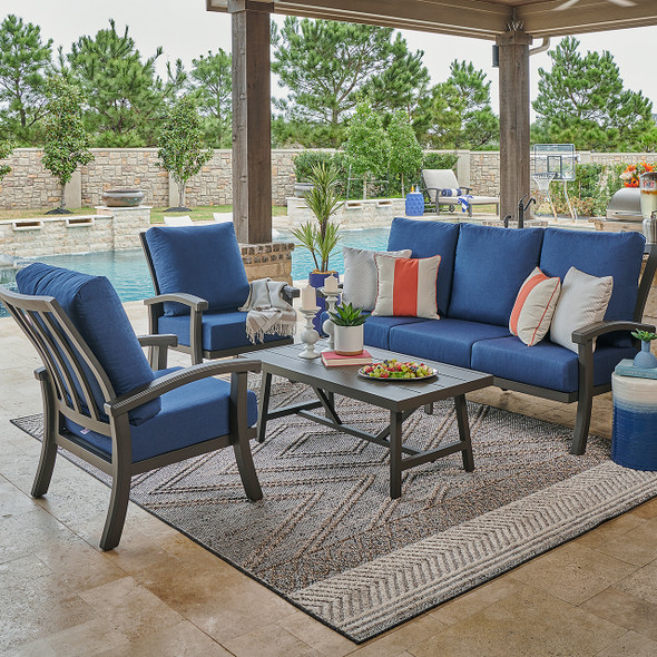 Fairmont Aged Bronze Aluminum with Spectrum Indigo Cushions 4 Piece Sofa Group + 48 x 26 in. Coffee Table