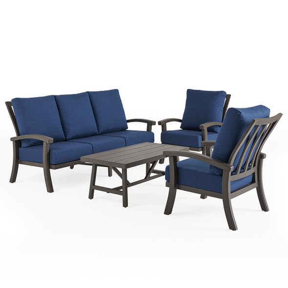 Fairmont Aged Bronze Aluminum with Spectrum Indigo Cushions 4 Piece Sofa Group + 48 x 26 in. Coffee Table