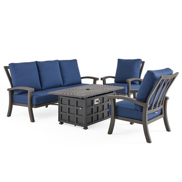 Fairmont Aged Bronze Aluminum with Spectrum Indigo Cushions 4 Piece Sofa Group + 52 x 32 in. Carlisle Fire Pit