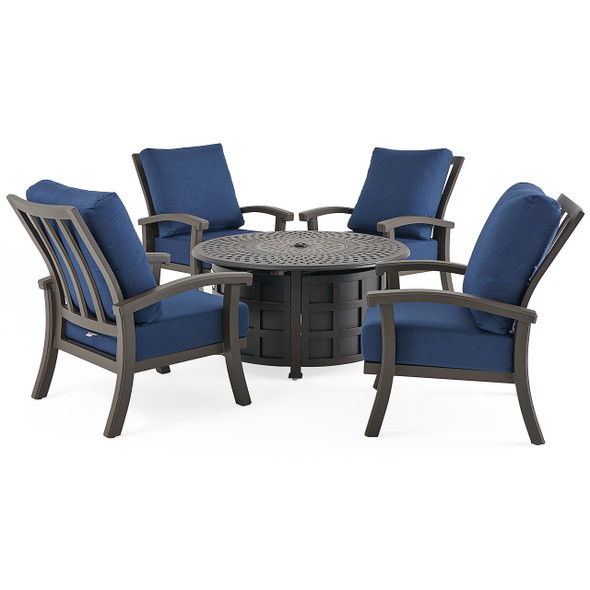 Fairmont Aged Bronze Aluminum with Spectrum Indigo Cushions 5 Piece Chat Set + 48 in. D Fire Pit