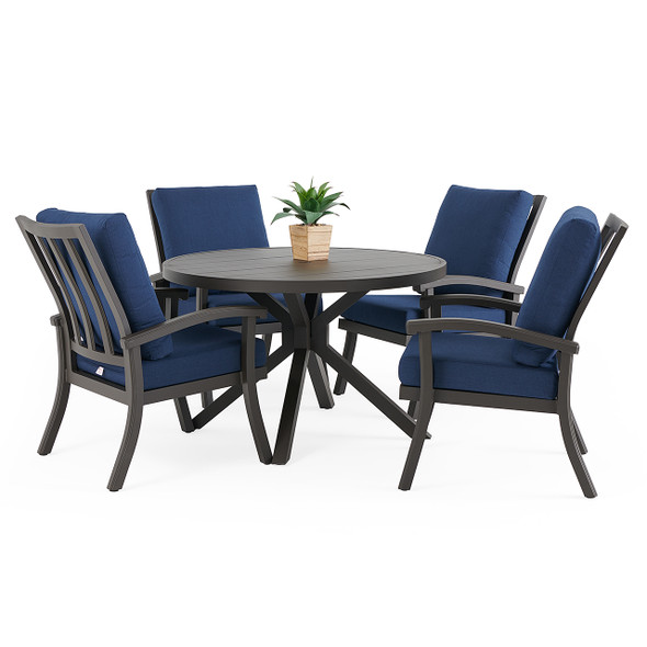 Fairmont Aged Bronze Aluminum with Spectrum Indigo Cushions 5 Piece Dining Set + 48 in. D Table