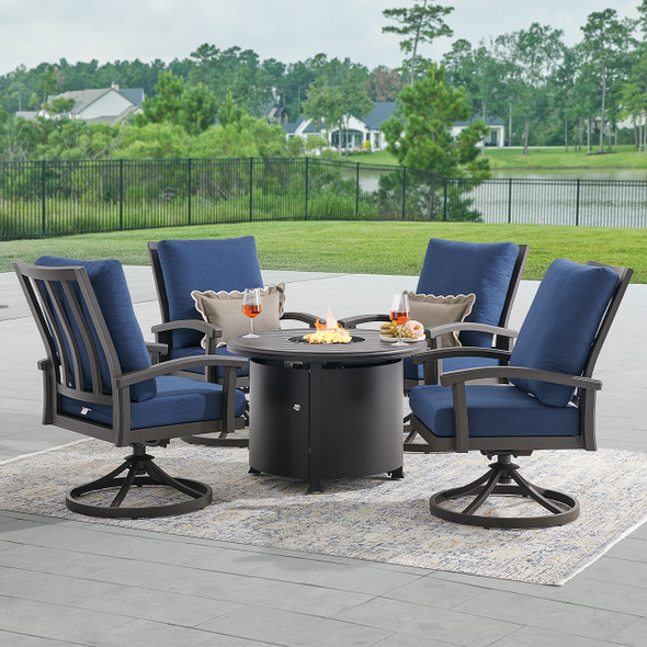 Fairmont Aged Bronze Aluminum with Spectrum Indigo Cushions 5 Piece Swivel Chat Set 36 in. D Carlisle Fire Pit -