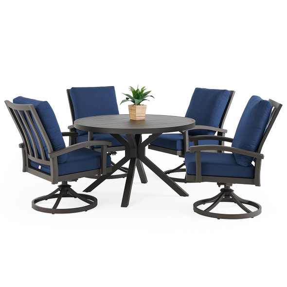 Fairmont Aged Bronze Aluminum with Spectrum Indigo Cushions 5 Piece Swivel Dining Set + 48 in. D Table