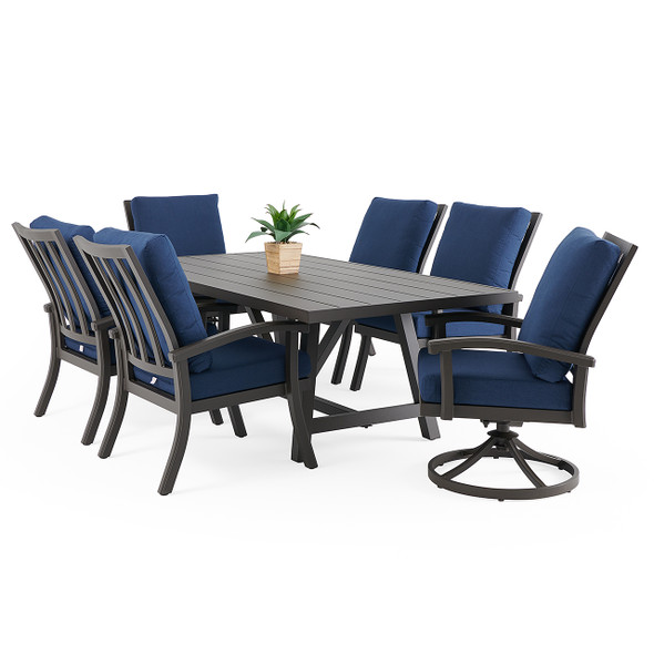 Fairmont Aged Bronze Aluminum with Spectrum Indigo Cushions 7 Piece Combo Dining Set + 84 x 42 in. Table