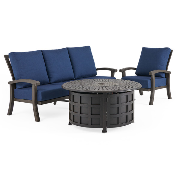 Fairmont Aged Bronze Aluminum with Spectrum Indigo Cushions 3 Piece Sofa Group + 48 in. D Carlisle Fire Pit